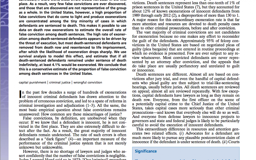 Proceedings of the National Academy of Science: Rate of false conviction of criminal defendants who are sentenced to death.﻿
