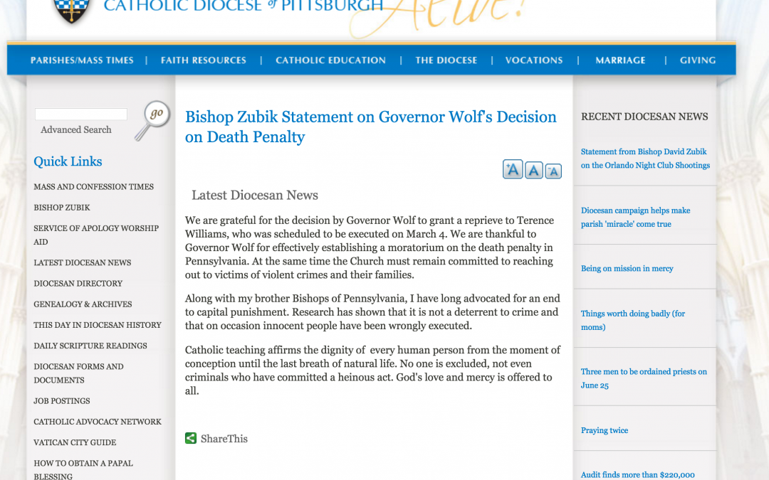 Bishop Zubik Statement on Governor Wolf’s Decision on Death Penalty